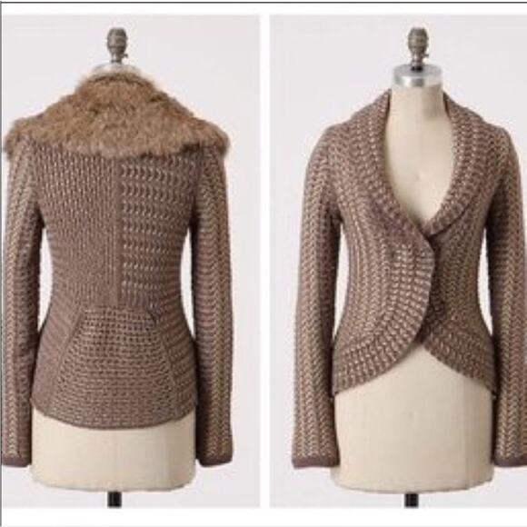 ANTHROPOLOGIE CHARLIE ROBIN Brown Tan Rushcliffe Fur Collar Cardigan Sweater S - Picture 5 of 11